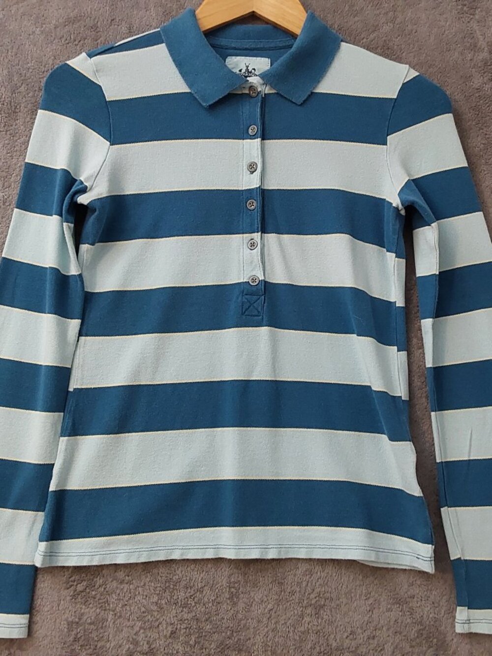 Old Navy Perfect Fit Blue & White Striped Long Sleeve Polo Shirt Women’s Small P